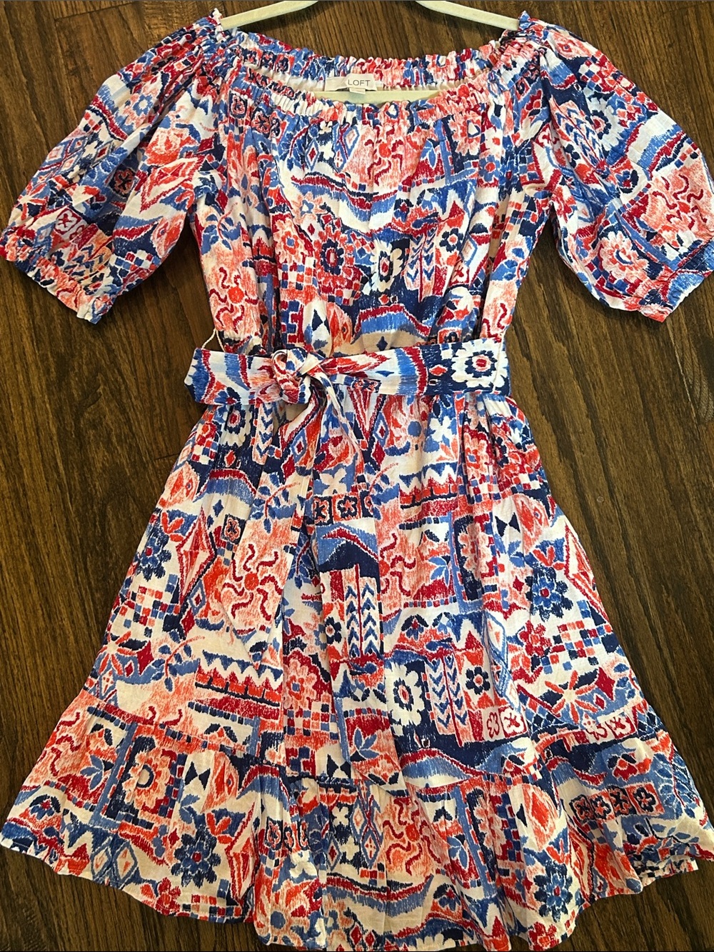 LOFT Geometric Midi Dress Blue & Red Medium Like New
